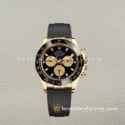 Clean Factory Rolex Daytona 116518LN-0047 Black/Champagne Dial Rubber Strap Cerachrom Bezel Yellow Gold wrapped Super Clone Chronograph waterproof Best replica 4130 Movement