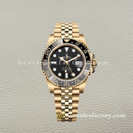 Clean Factory Rolex GMT Master II 126718GRNR | Full Yellow Gold | Black Grey Bezel
