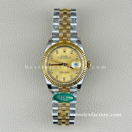 Clean Factory Super Clone Rolex Datejust 126233-0017 – Champagne Dial, Moissanite Diamonds, Two-Tone Yellow Gold