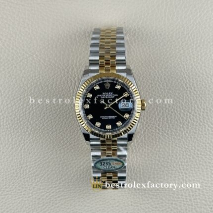 The Best Replica Rolex DateJust 36mm 904L Oystersteel 126233-0021 Super Clone 3235 Movement Yellow Gold Wrap Fluted Bezel Black Diamond Dial Jubilee five-piece links Waterproof Clean factory Made