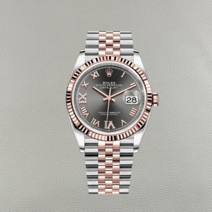 Clean Factory Rolex Datejust 126231-0023 – Slate Sunburst Dial with Diamond Roman Numerals, Everose Gold 36mm