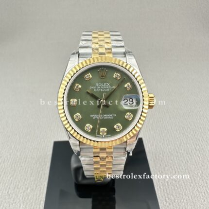 Clean Factory Lady Datejust 278273-0030 – 31mm Olive Green Dial, Moissanite Hour Markers, Two-Tone Gold Replica